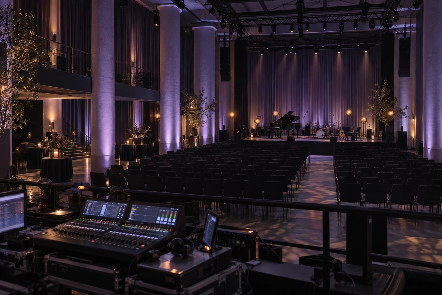 Eventlocation mit lavendelfarbenem Licht und vorbereiteter Bühne